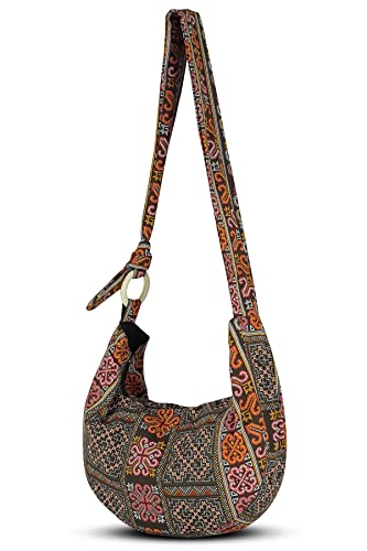 Image of Hobo Crossbody Bag for Women - Handmade Cotton Boho Purse with Wooden Ring | Lightweight Slouchy Shoulder Sling Tote Bag