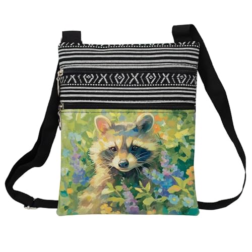 Floral Raccoon Messenger Bag Small Ethnic Pattern Printed Adjustable Strap Crossbody Zipper Bag Floral Raccoon Phone Bag Wallet Cute Shoulder Handbag for Women Friends -1