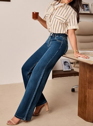Astylish Women's Stretch Elastic High Waisted Jeans Trendy Baggy Wide Leg Straight Denim Pants3