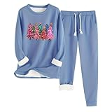 QJDFLL Damen Herbst/Winter Komfortabler, Weihnachtsbaum Druck Mit Samtverdickungsstruktur Schmal Geschnittener Hose Langarm Warmer Anzug(Blau,XL)