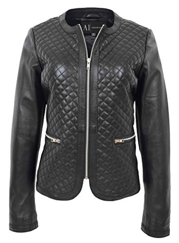 Veste en cuir sans col pour femmes de style chic et finitions point de croix noir