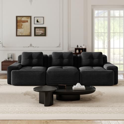 Image of 117 inch Oversized 3 Seater Modular Boneless Couch, Durable Corduroy Fabric, Deep Seat Cloud sectional Sofa with Buckle Connection and Tufted Detail, No Assembly, Anti Slip, Black