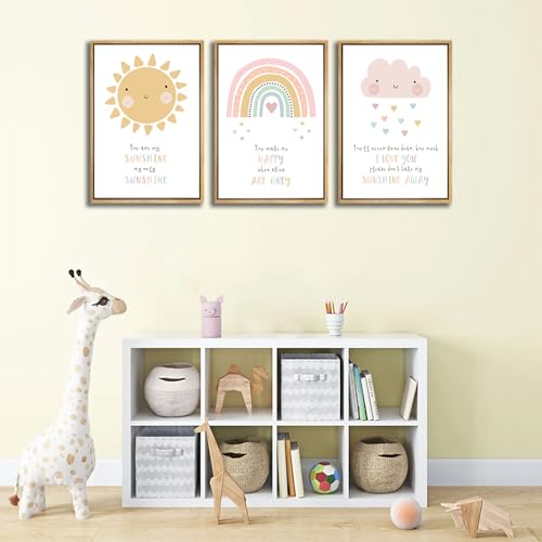 3pcs Pink Nursery Canvas Wall Art Cute Sun Rainbowdark Clouds Posters Prints Kids Bedroom Baby Girls Toddler Pastel Wall Decor Pictures for Classroom School Nursery Decoration Unframed by QNTCTU - Used condition - Image 2