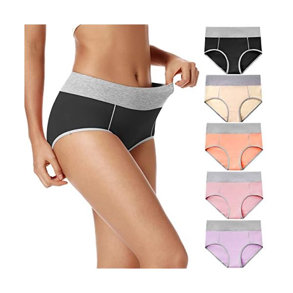 POKARLA-Womens-High-Waisted-Cotton-Underwear-Soft-Breathable-Panties-Stretch-Briefs-Regular-Plus-Size-5-Pack POKARLA Womens Cotton Underwear High Waist Full Coverage Briefs Soft Breathable Postpartum Panties Stretch Underpants Regular & Plus Size
