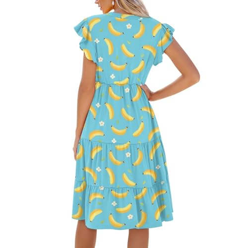 Image of Women's Casual Ruffle Sleeve Dress V Neck Pullover Dress Flowy A-Line Pleated Lightweight Dress with Pockets