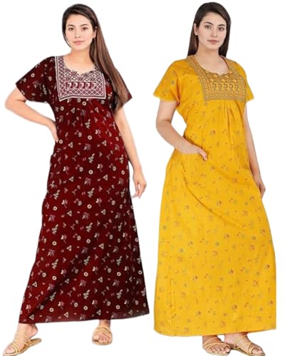 Image of Bresdk Women's Cotton Embroidered Jaipuri Nighty Gown - Pack of 2 Rajasthani Print Maxi Night Dress with Pocket - Soft & Comfortable Ladies Sleepwear & Loungewear