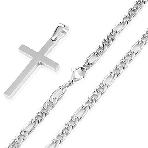Captainsteel Cross Necklace For Men - Stainless Steel Silver/Gold Plain Cross Pendant Necklace Simple Jewelry Gifts, 24 Inches 3:1 Figaro Link Chain 4/5/6Mm Width #TOP2
