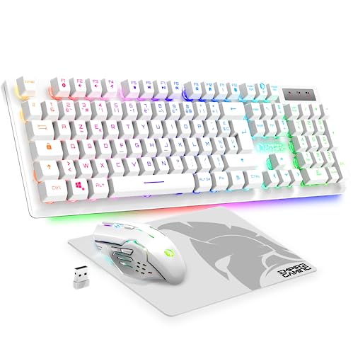 Empire Gaming Armor RF800 Zestaw bezprzewodowej myszy do gier AZERTY (francuski układ) RGB z podkładką pod mysz - klawiatura 2,4G, mysz 4800 DPI, PC PlayStation Xbox One/Mac Series - biała