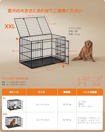 FEANDREA 犬 ケージ 大型犬用 ダブルドア付き トレー付き ペットサークル 大型 組立簡単 室内外兼用 ペットケージ 幅122x奥行75 x高さ80cm 犬 ゲージ PPD006B01 の商品画像 5