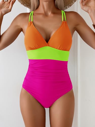 Image of Aidonger Women's One Piece Color Block Swimsuit Tummy Control Slimming Bathing Suit V Neck Cutout High Waisted Swimwear
