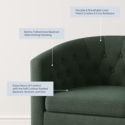 Image of BELLEZE Green Accent Chairs for Living Room, Set of 2 Elegant Arm Chairs, Upholstered Tufted Barrel Chairs Club Chairs for Bedroom with Sturdy Legs and Linen Fabric - Berlinda (Green)
