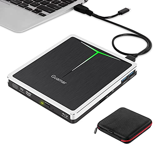 External Bluray DVD Drive,Guamar USB 3.0 and Type-C Blu-Ray Writer Portable DVD Burner Slim 3D Bluray BD CD DVD Drive Player for Laptop Mac OS PC Desktop Windows Support SD TF Card Reader