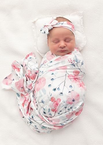 Image of Baby Girls Swaddle and Headband Beanie Set Newborn Receiving Blankets with a Name Card (Pink and Ink)