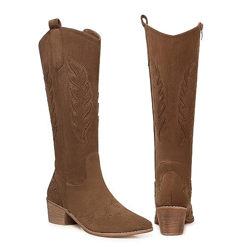 Image of SHIBEVER Suede Knee High Cowboy Boots for Women Comfortable Tall Cowgirl Boots Zipper Low Heel Fall Winter Western Booties