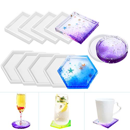 10 Pack DIY Coaster Silicone Mold, TANOKY Eco-Friendly Silicone Coaster Molds for Resin, Include 4 Pcs Square, 4 Pcs Hexagon, 2 Pcs Round, Epoxy Casting Molds for Home Decoration (10 Pack)