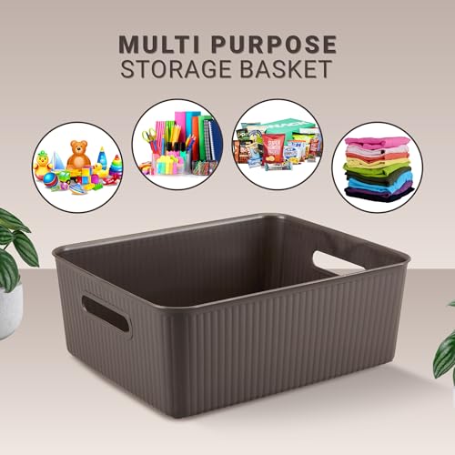 Image of Kolorr Ribbed Baskets Medium Pack of 4 With 4 Standard Lid (Non-Airtight Loose-Fit Cover) Multipurpose Plastic Storage Baskets For Cloths Wardrobe Home Kitchen & Livingroom I Dark Brown
