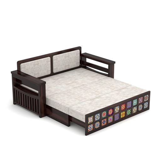 Image of Solid Sheesham Wood Sofa Cums Bed with Cushioned Seating & Handcrafted Tile Storage Front | Rosewood Convertible Sofa Bed for Living Room & Bedroom (Walnut Finish)
