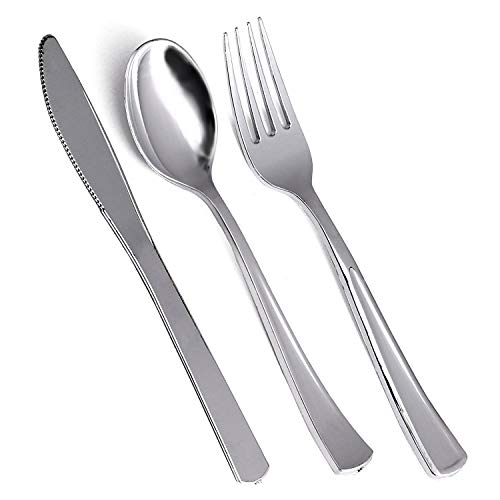 Klikel 300 Piece Plastic Silverware Set - 100 Person Service - 100 Each of Spoons, Forks And Knives – Heavy Duty Disposable Silver Cutlery - Elegant Reusable Paper Goods And Dinner Party Supplies