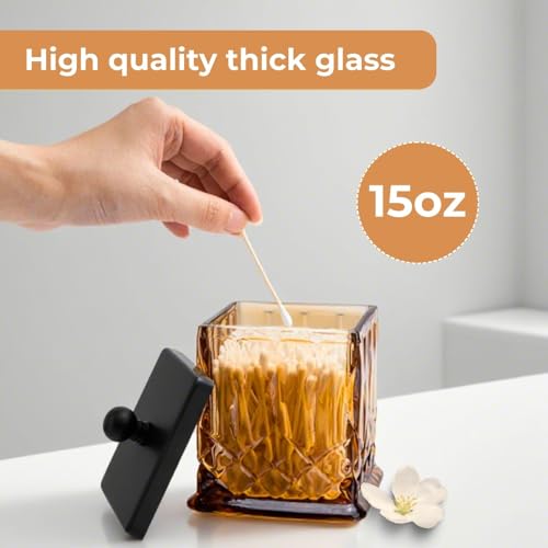 ZIVQEXMURL Qtip Holder,15Oz Amber Glass Apothecary Jars with Matte Black Lids for Bathroom Organization & Desk Storage,Thick Glass Apothecary Jars for Q-Tips,Cotton Rounds,Jewelry,Candy,Square by ZIVQEXMURL - Image 3