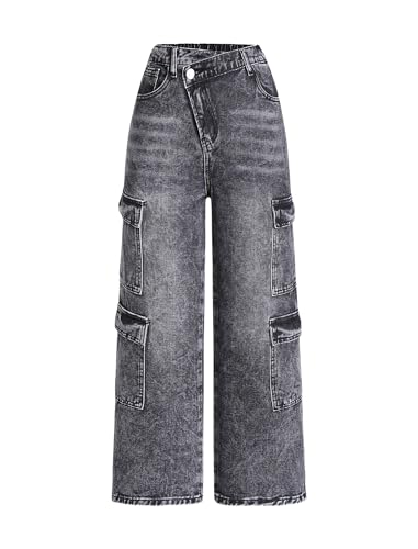Girls Jeans Wide Leg Cargo Denim Pants with Flap Pockets Asymmetrical Waist Baggy Casual Y2K Outfit 7-14 Years