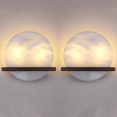 Dolaimy House 2 Pack 10in Round Alabaster Oil Rubbed Bronze Wall Sconce