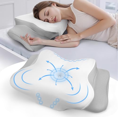Feagar Memory Foam Pillow for Side Sleepers and Back Sleepers, Contour Cervical Pillow with Cooling Cover, Dual Height (3.5''/5.1'') for Neck Shoulder Support, Grey