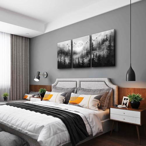 DZRWUBHS Black And White Wall Pictures Canvas Wall Art For Living Room Wall Decor For Bedroom Modern Office Decorations Misty Forest Landscape Abstract Wall Paintings Wall Hanging Home Decor