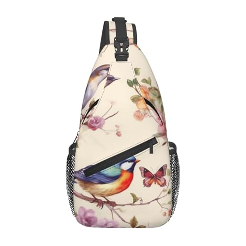 Birds On Branches And Butterflies Sling Bag Waterproof Lightweight Crossbody Shoulder Backpack Chest Bags Travel Hiking Casual Daypack For Women Men