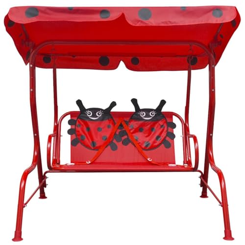 Teenpull Columpio infantil de madera roja con toldo, marco de acero resistente, 115 x 75 x 110 cm, columpio de jardín para balcón, terraza, jardín, resistente a la intemperie, para relajación y uso al