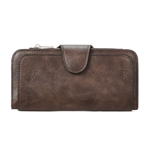 Image of CLUCI Wallet For Women PU Leather RFID Blocking Womens Wallet Bifold Card Holder with ID Window Gifts for Women Birthday, Oil wax Two-toned Coffee, Large, Fashion
