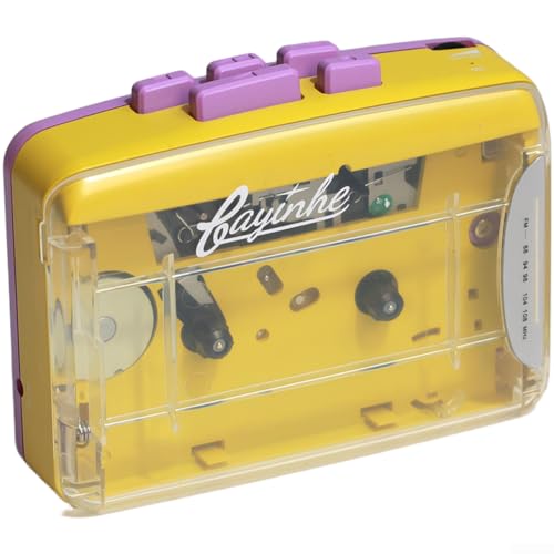 Radio cassette portable avec tuner FM, chargement USB ou 2 piles AA, casque stéréo inclus, boîtier transparent pour musique rétro (violet)