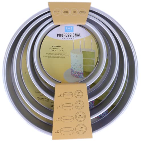 PME Round Cake Pans 6, 8, 10, 12-Inch x 2-Inch Deep, Set of 4,RNDB6810122, Silver, 6, 8, 10 and 12-inch