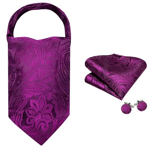 Image of Barry.Wang Ascot Ties Cravat Tie Men Paisley Plaid Scarf Self Tie Pocket Square Cufflinks Set Wedding Party