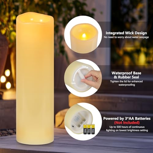 Image of Kimjo 14 inch x 4 inch Large Outdoor Waterproof Candles with Timer Remote, 4 Pack | Ivory, Battery Operated LED Flameless Pillar Candles, Electric Flickering Fake Candles for Patio, Lanterns, Porch Decor