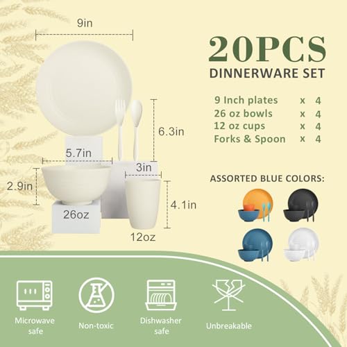 Wrova Wheat Straw Dinnerware Sets of 20,Dishwasher Safe Kitchen Plates and Bowls Sets - image 2