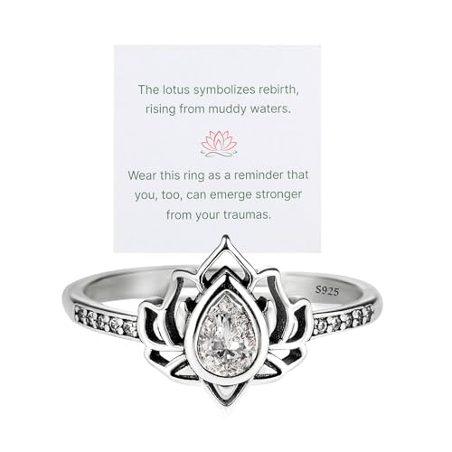 FK MY TRAUMA LOTUS RING, S925 Sterling Silver Lotus Flower Promise Rings Zircon Inlaid Begin Again Inspirational Ring Reminds You To Let Go of Your Trauma in a Playful Way No Mud No Lotus Ring Jewelry Gifts for Women Sisters
