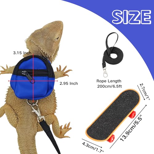 Image of Bearded Dragons Accessories Toy Lizard Backpack Leash Set Adjustable Strap and Mini Skateboard Suitable for Lizard Bearded Dragons Hamster Parrots Little Turtle Reptiles Small Animals (Blue)