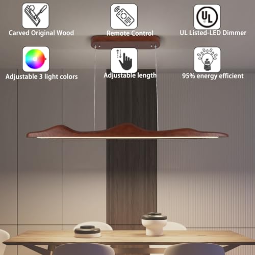 Dodomomocde WOOD LINEAR PENDANT LIGHT Led Dimmable Hanging Light Fixture Kitchen Island Lights thumb #4