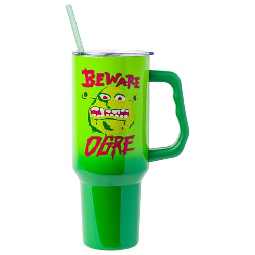 Image of Silver Buffalo Shrek Beware Ogre Double Walled Stainless Steel Tumbler with Handle and Straw, Fits in Standard Cup Holder, 40 Ounces
