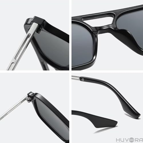 Image of Retro Flat Square 70's Aviator Double Bridge Metal Sunglasses for Men Women | Anti Blue UV Protection Zero Power Stylish Computer Night Driving Glasses | Trendy Branded Goggles