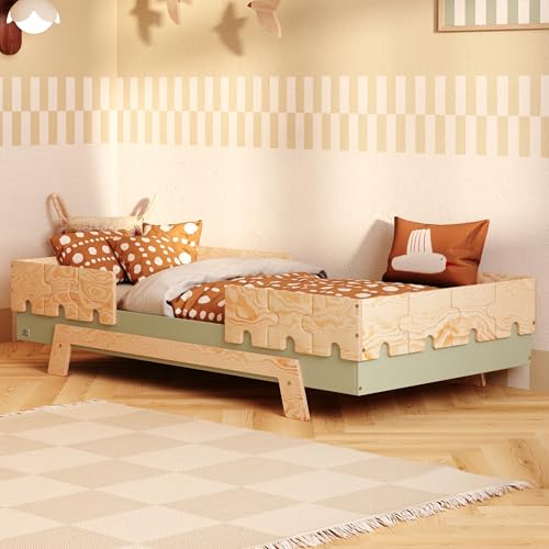 smartwood Cama Infantil 70x160 6in1 - Cama Montessori de Madera Natural - Verde - con barandilla y somier hasta 230 kg - Cama para niños a Partir de 2 años - con Certificado FSC - Puzzle BR2