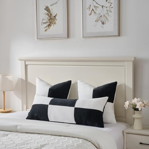 Image of Fancy Homi Set of 2 Black White Big Decorative Throw Pillow Covers 24x24 Inch for Couch Bed Sofa, Modern Farmhouse Boho Home Decor, Soft Cross Corduroy Patchwork Accent Square Cushion Case 60x60 cm