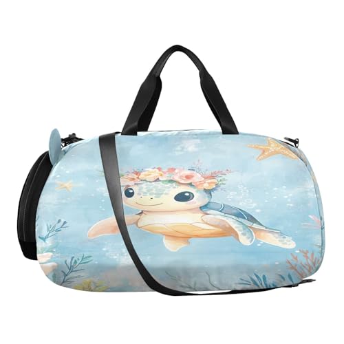 Blue Turtle Starfish Kids Travel Duffel Bag for Boys Girls Overnight Weekend Tote Bag with Shoes Compartment for Gym Sports Dance2