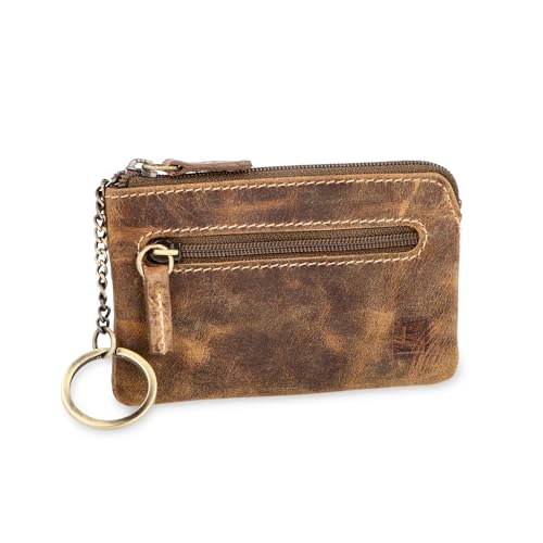 LEDEROW Schlüsseltasche mit 2 separaten Reißverschlussfächern aus echtem Leder in Hunter Braun für Damen und Herren, kompaktes Schlüsseletui für Schlüssel und Autoschlüssel