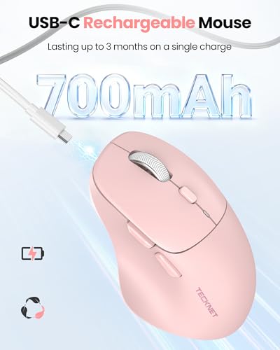 Image of TECKNET Wireless Mouse Bluetooth 5.0 /3.0 & 2.4G Rechargeable, Silent Clicks, Adjustable 4800 DPI, 6 Buttons, Ergonomic Design, Bluetooth Mouse for Laptop, Computer, ipad - Pink