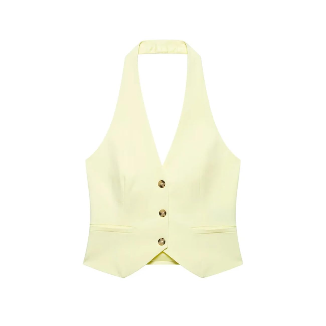 Completo da donna giallo chiaro con bottoni dorati e pantaloni a gamba larga plissettati a due pezzi