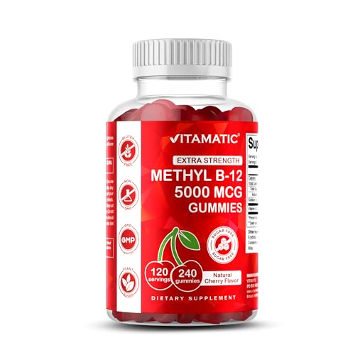 Vitamatic Extra Strength Vitamin B12 5000 mcg (Methyl B12) Gummies - 240 Count, Natural Cherry...