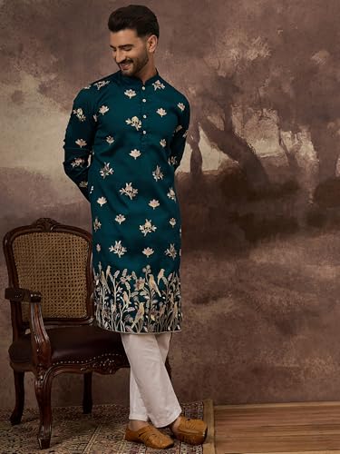 Image of Men's Calf Length Silk Blend Embroidered Solid Kurtas | Men | Kurtas for Mens | Straight Fit Kurta for Men's