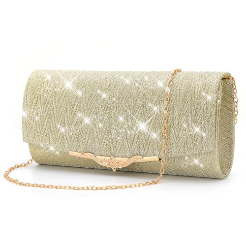 Pardofelis Clutch Gold Damen, Glitzer Abendtasche Handtasche mit Abnehmbarer Kette, Elegante Schultertasche für den Abend, Envelope Tasche Kettentasche für Abschlussball Party
