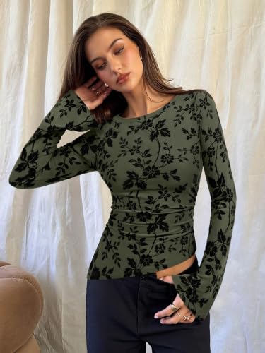 PINKMSTYLE Women Floral Mesh Tops Double Lined Bell Sleeve Tee Army Green M - image 6